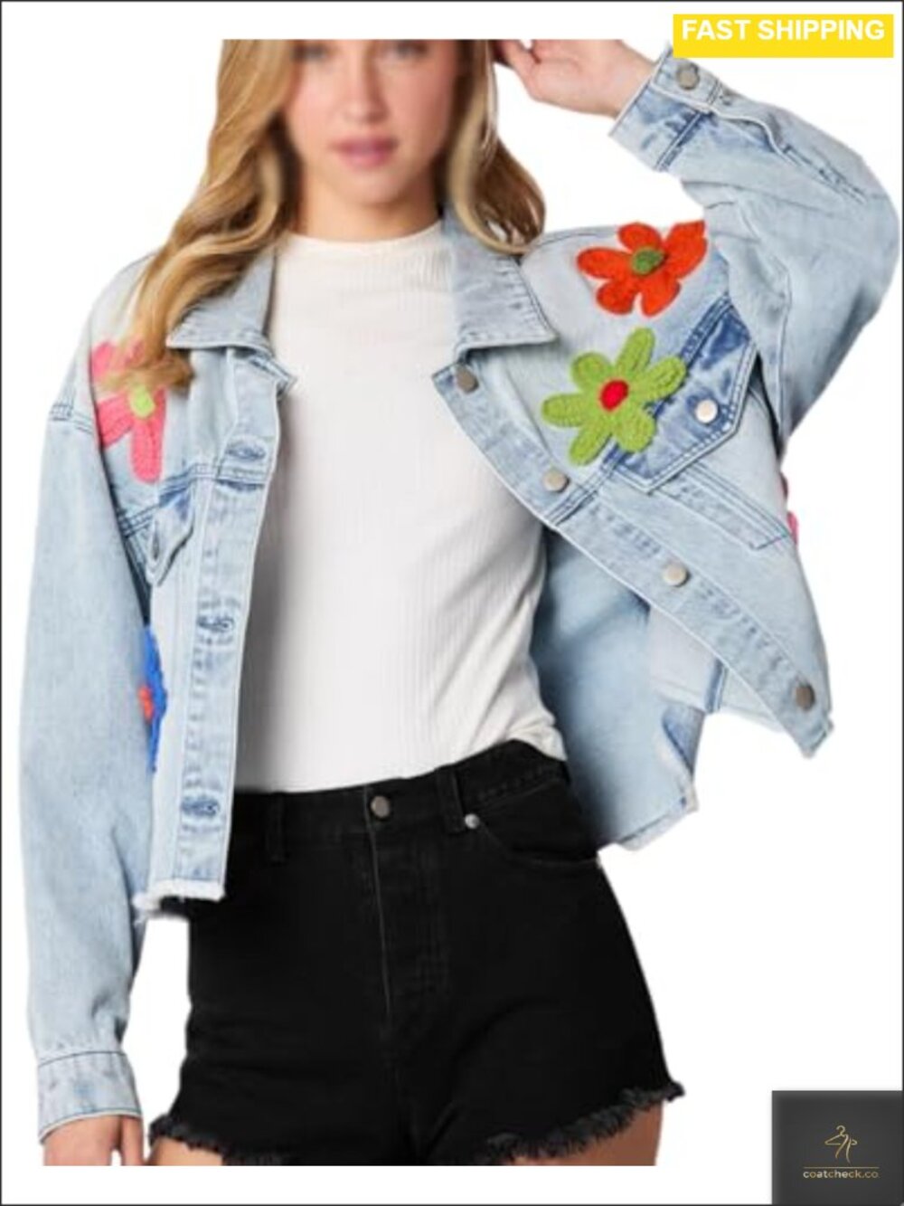 3D Flower Patchwork Crop Raw Hem Denim Jacket Button Down Long Sleeve Cotton